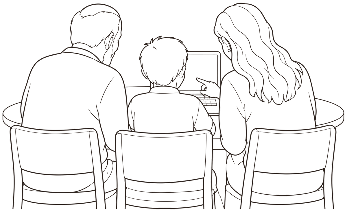 Illustration av tre personer vid en bärbar dator